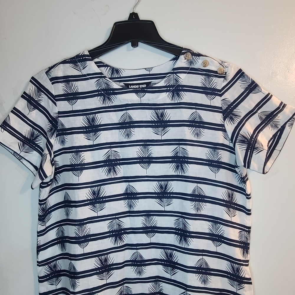 Lands' End Navy and White Striped Top 100% Linen Size M
